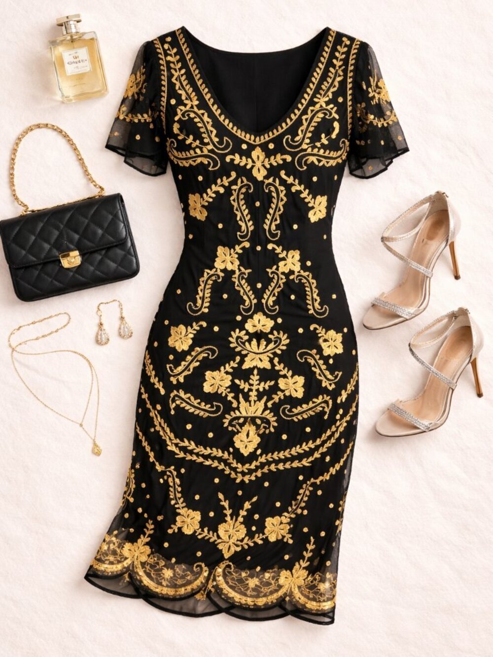 Gatsby Lady London Black Gold Beaded Embroidered Dress Art Deco 8